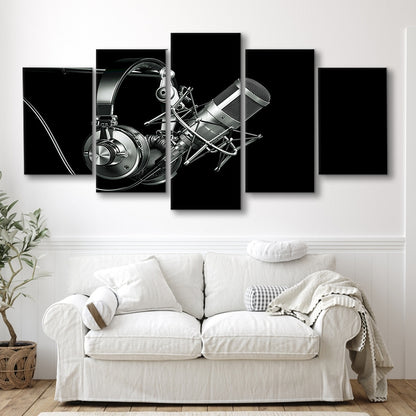 Silver Microphone and Headphones on a Black Background, Studio Microphone Canvas Print, 5 Piece Large Cavas Print Wall Art