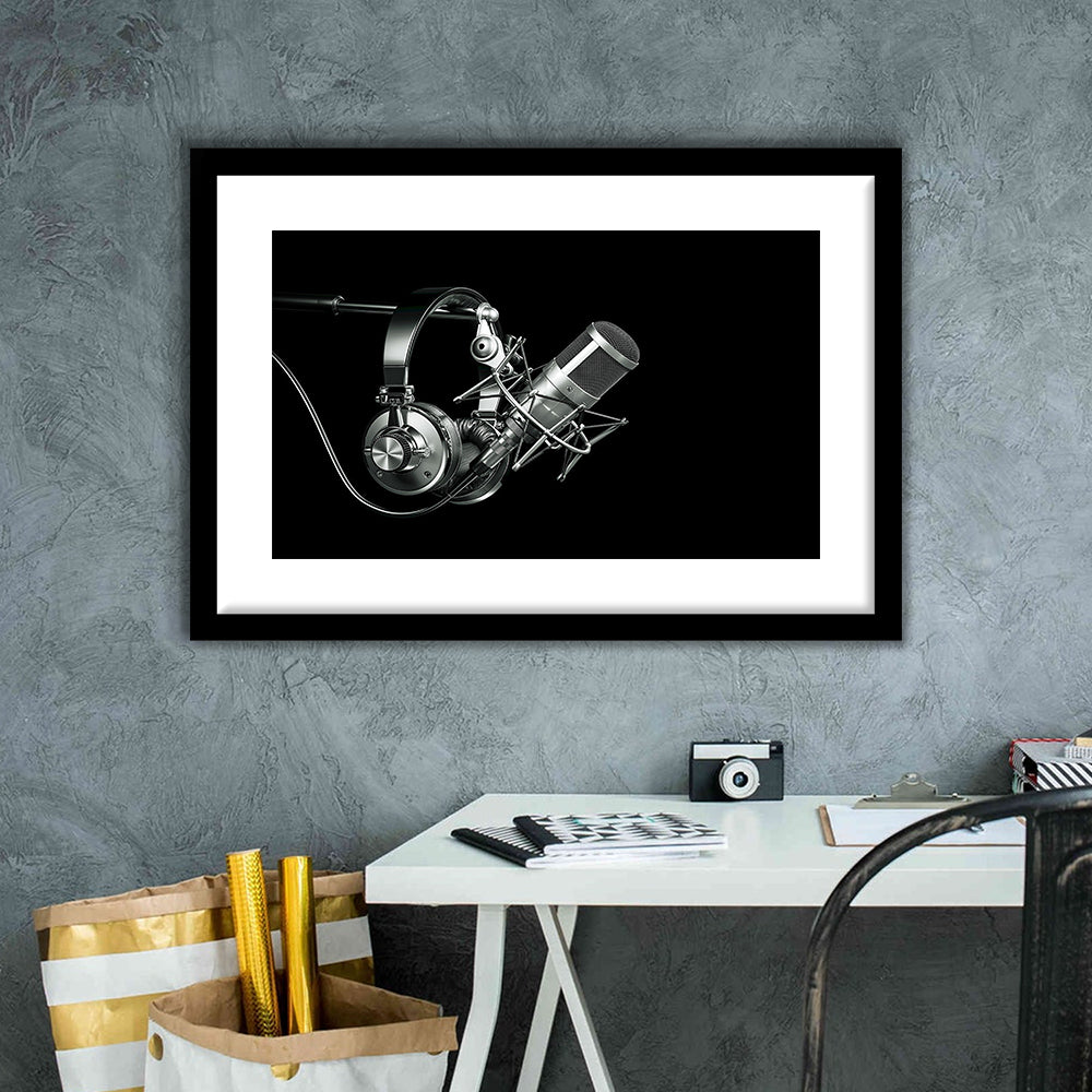 Silver Microphone And Headphones On A Black Background, Studio Microphone Art Print, Framed Art Print White Border
