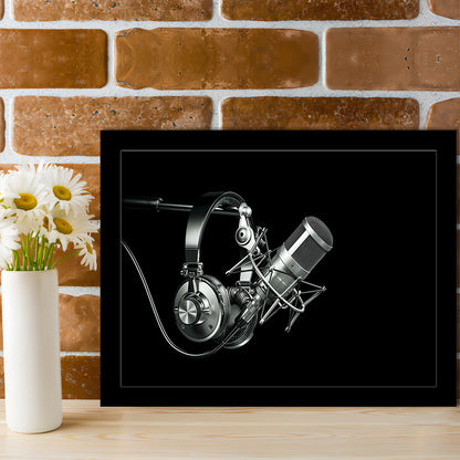 Silver Microphone And Headphones On A Black Background, Studio Microphone Art Prints, Framed Art Print, Picture Framed