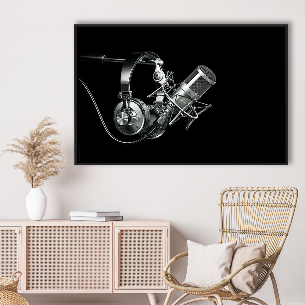 Silver Microphone And Headphones On A Black Background, Studio Microphone, Framed Cavas Print, Floating Frame