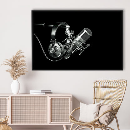 Silver Microphone And Headphones On A Black Background, Studio Microphone, Framed Cavas Print, Floating Frame