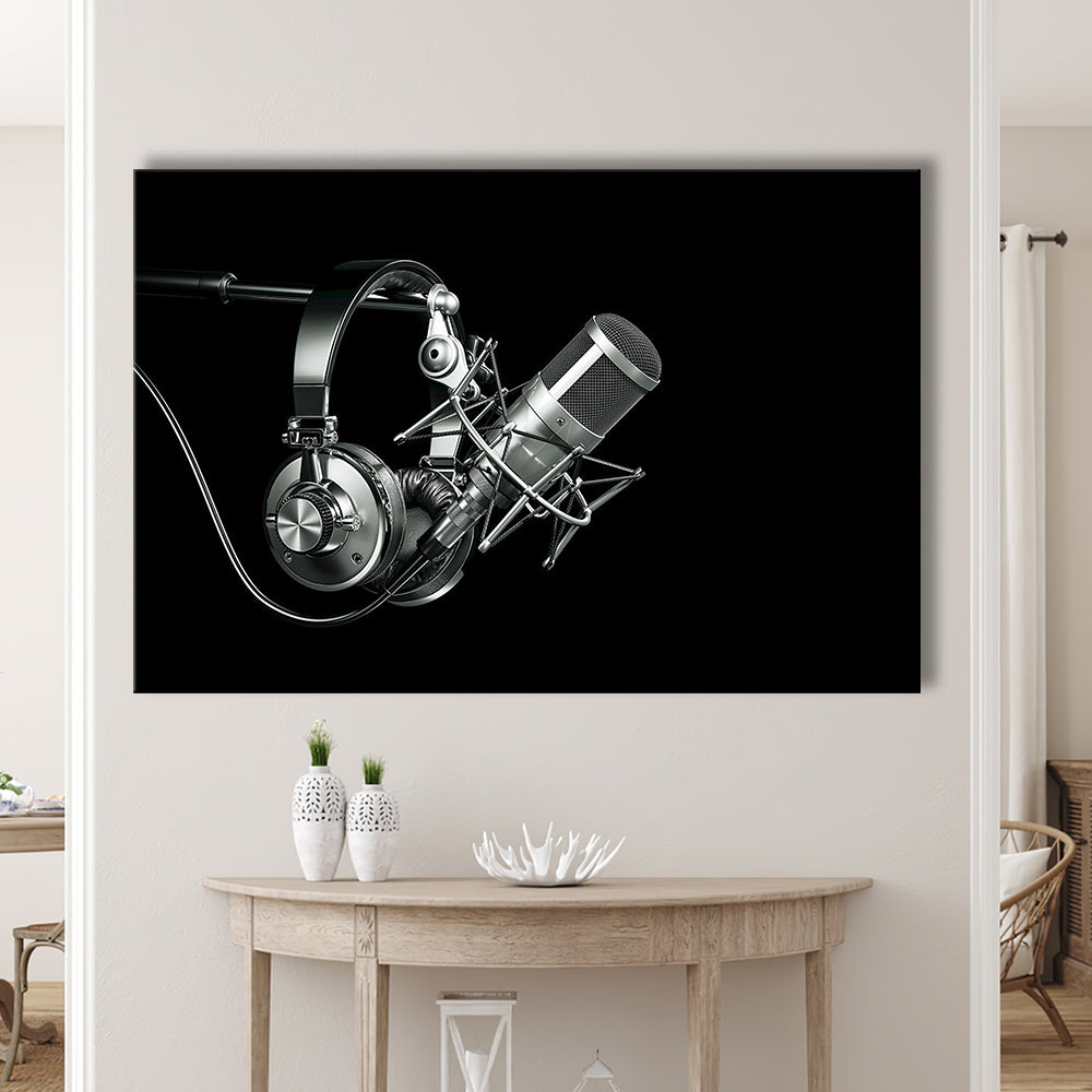 Silver Microphone and Headphones on a Black Background, Studio Microphone Canvas Print, Cavas Print Wall Art Hom Decor