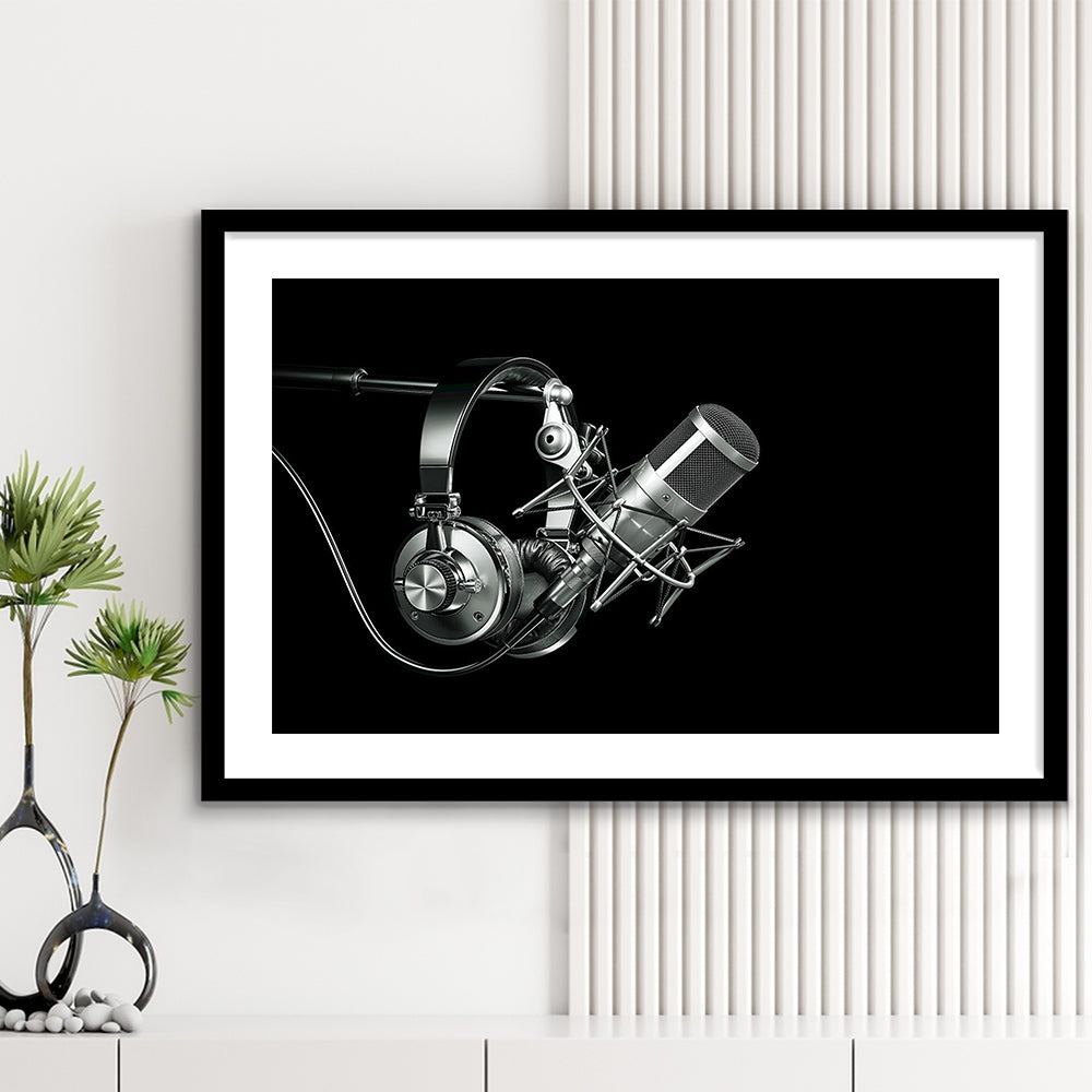 Silver Microphone And Headphones On A Black Background, Studio Microphone Art Print, Framed Art Print White Border