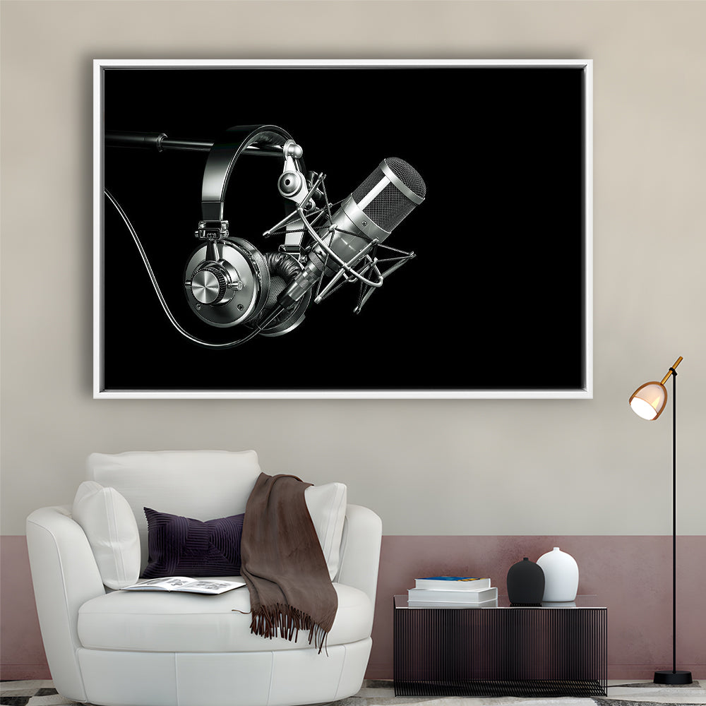Silver Microphone And Headphones On A Black Background, Studio Microphone, Framed Cavas Print, Floating Frame