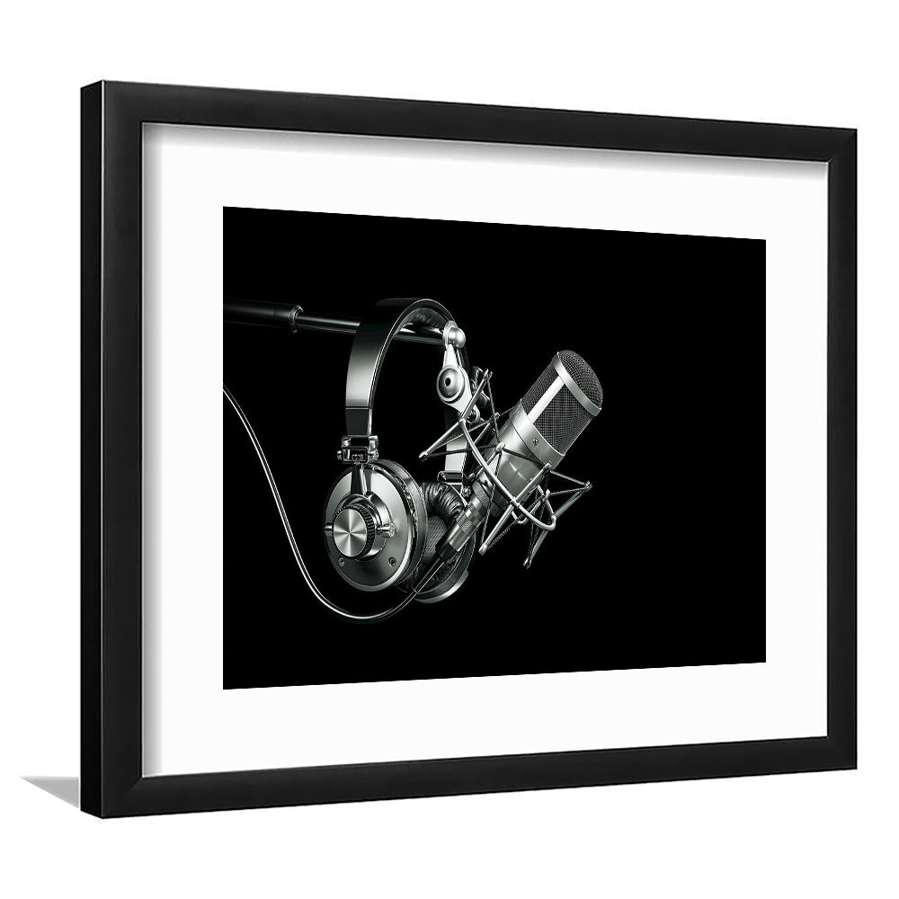 Silver Microphone And Headphones On A Black Background, Studio Microphone Art Print, Framed Art Print White Border