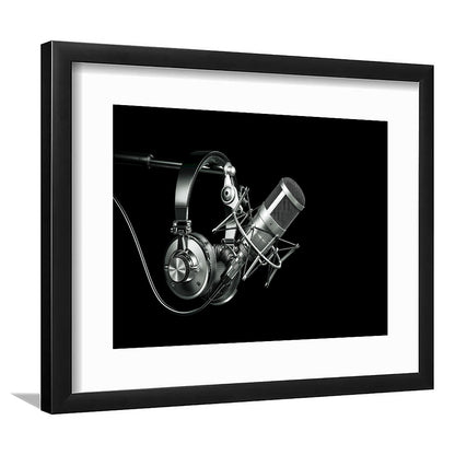 Silver Microphone And Headphones On A Black Background, Studio Microphone Art Print, Framed Art Print White Border