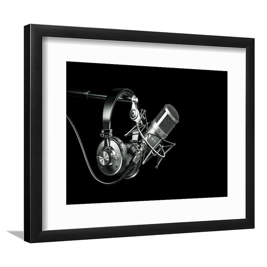 Silver Microphone And Headphones On A Black Background, Studio Microphone Art Print, Framed Art Print White Border