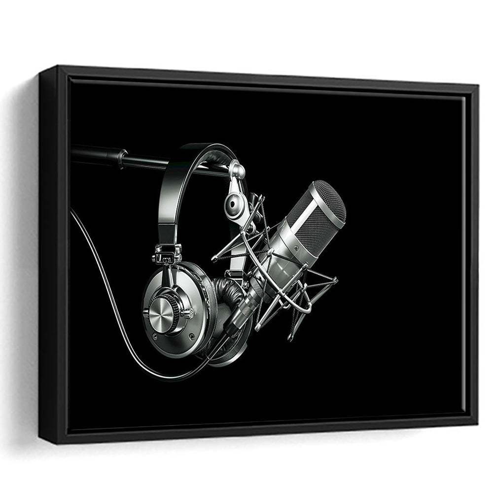 Silver Microphone And Headphones On A Black Background, Studio Microphone, Framed Cavas Print, Floating Frame