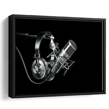 Silver Microphone And Headphones On A Black Background, Studio Microphone, Framed Cavas Print, Floating Frame