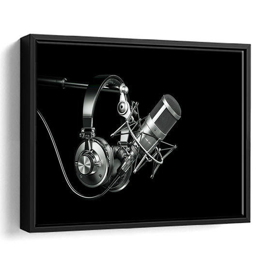 Silver Microphone And Headphones On A Black Background, Studio Microphone, Framed Cavas Print, Floating Frame