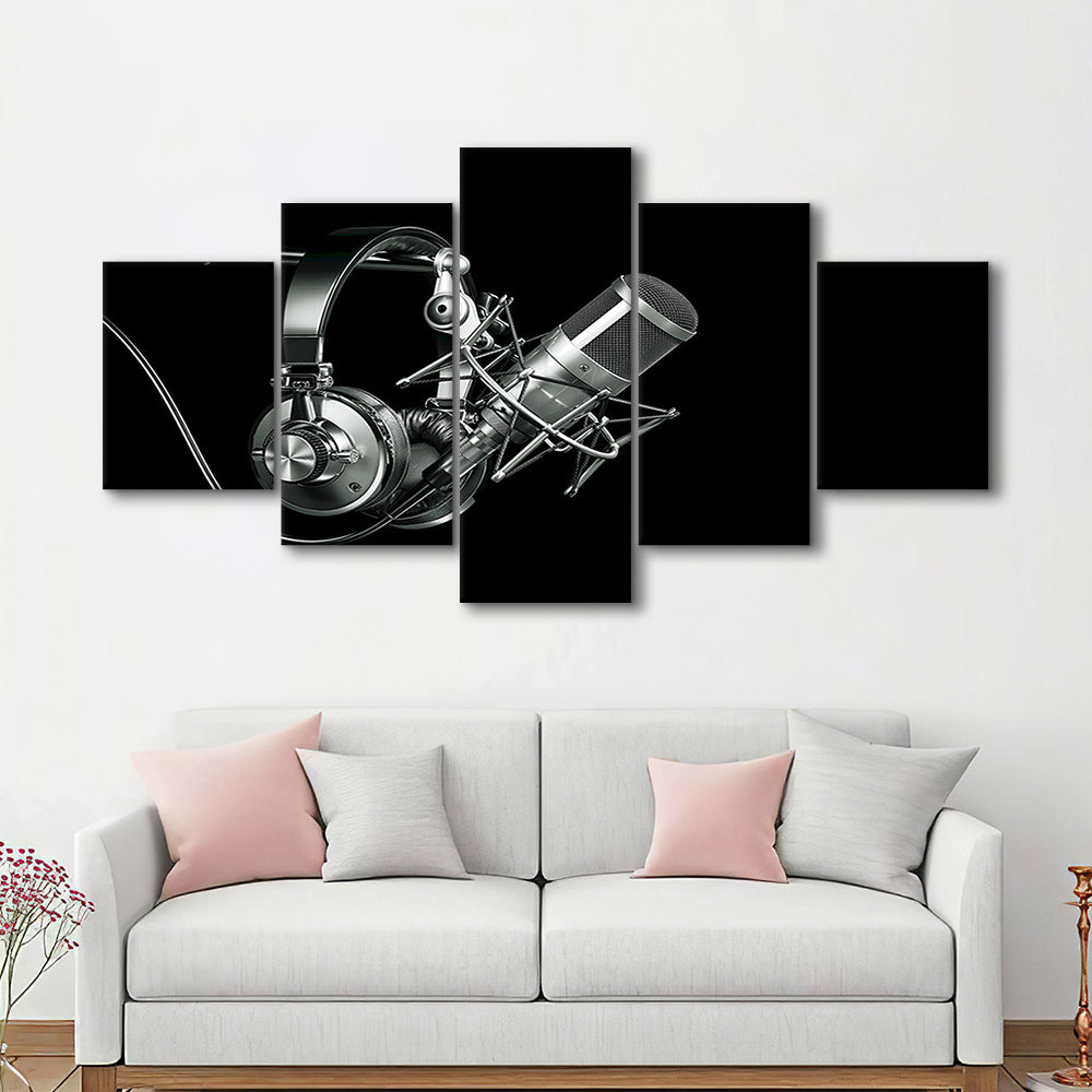 Silver Microphone and Headphones on a Black Background, Studio Microphone Canvas Print, 5 Piece Large Cavas Print Wall Art