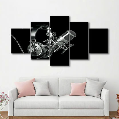 Silver Microphone and Headphones on a Black Background, Studio Microphone Canvas Print, 5 Piece Large Cavas Print Wall Art