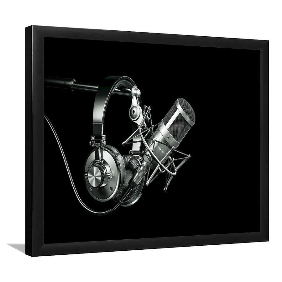 Silver Microphone And Headphones On A Black Background, Studio Microphone Art Prints, Framed Art Print, Picture Framed