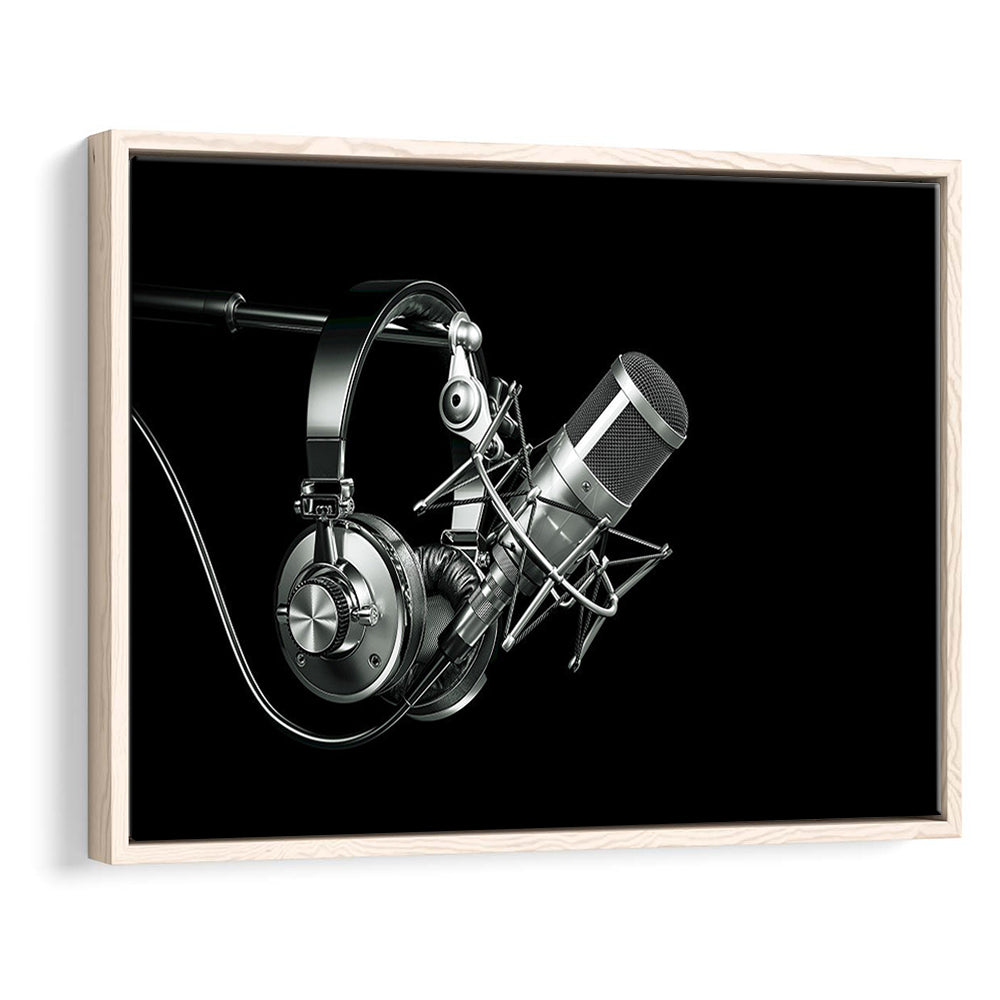 Silver Microphone And Headphones On A Black Background, Studio Microphone, Framed Cavas Print, Floating Frame