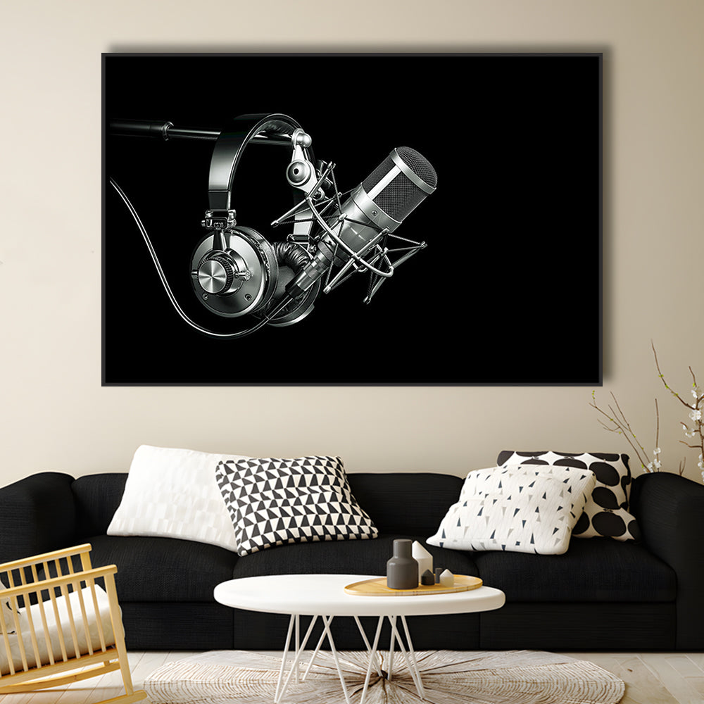 Silver Microphone And Headphones On A Black Background, Studio Microphone, Framed Cavas Print, Floating Frame