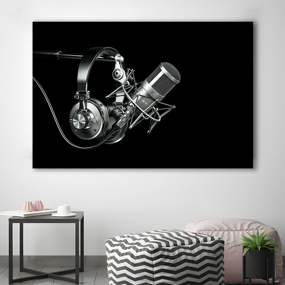 Silver Microphone and Headphones on a Black Background, Studio Microphone Canvas Print, Cavas Print Wall Art Hom Decor