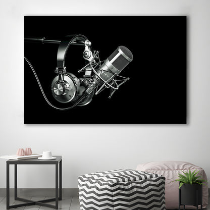 Silver Microphone and Headphones on a Black Background, Studio Microphone Canvas Print, Cavas Print Wall Art Hom Decor