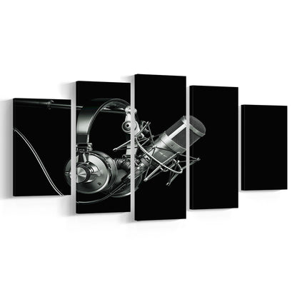 Silver Microphone and Headphones on a Black Background, Studio Microphone Canvas Print, 5 Piece Large Cavas Print Wall Art