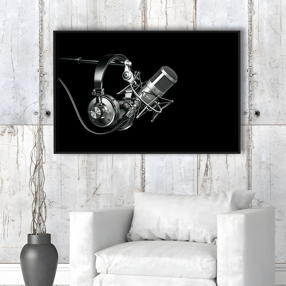 Silver Microphone And Headphones On A Black Background, Studio Microphone, Framed Cavas Print, Floating Frame