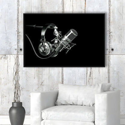 Silver Microphone And Headphones On A Black Background, Studio Microphone, Framed Cavas Print, Floating Frame