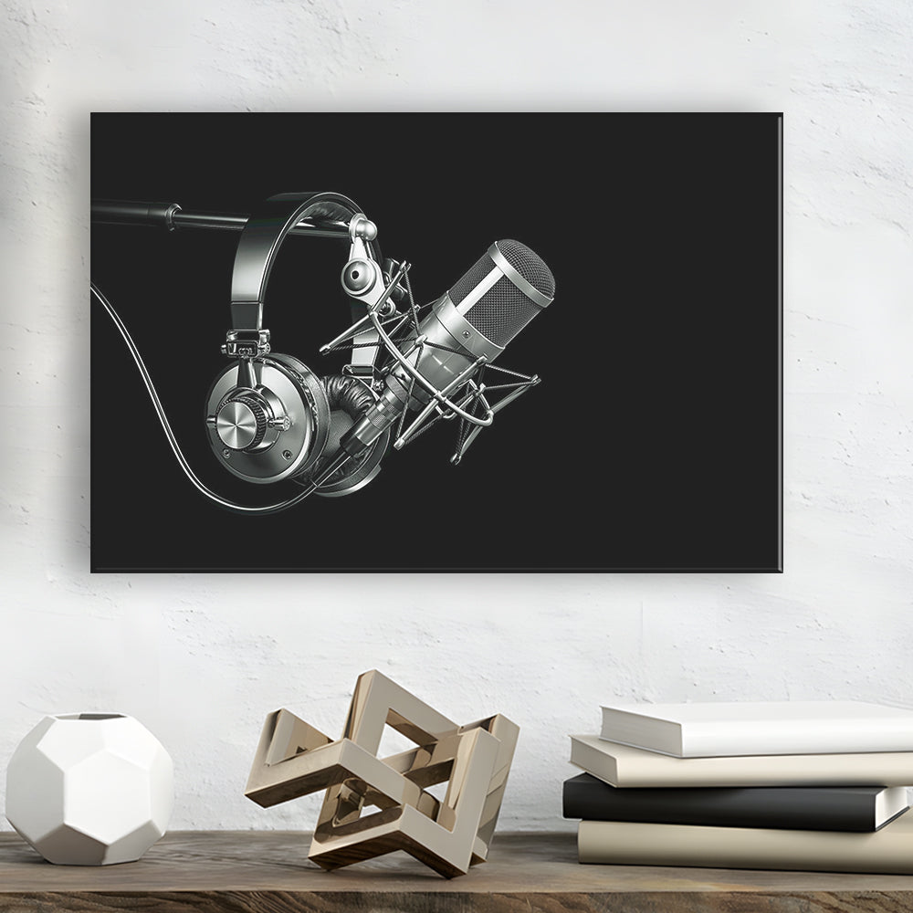 Silver Microphone and Headphones on a Black Background, Studio Microphone Canvas Print, Cavas Print Wall Art Hom Decor