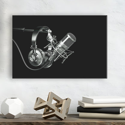 Silver Microphone and Headphones on a Black Background, Studio Microphone Canvas Print, Cavas Print Wall Art Hom Decor