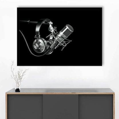 Silver Microphone And Headphones On A Black Background, Studio Microphone Art Prints, Framed Art Print, Picture Framed
