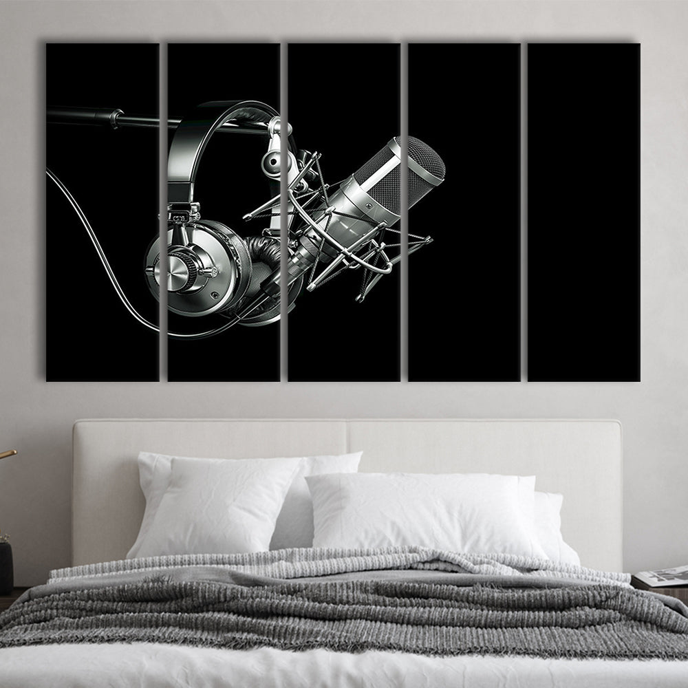 Silver Microphone and Headphones on a Black Background, Studio Microphone, 5 Piece B Extra Large Cavas Print Wall Art