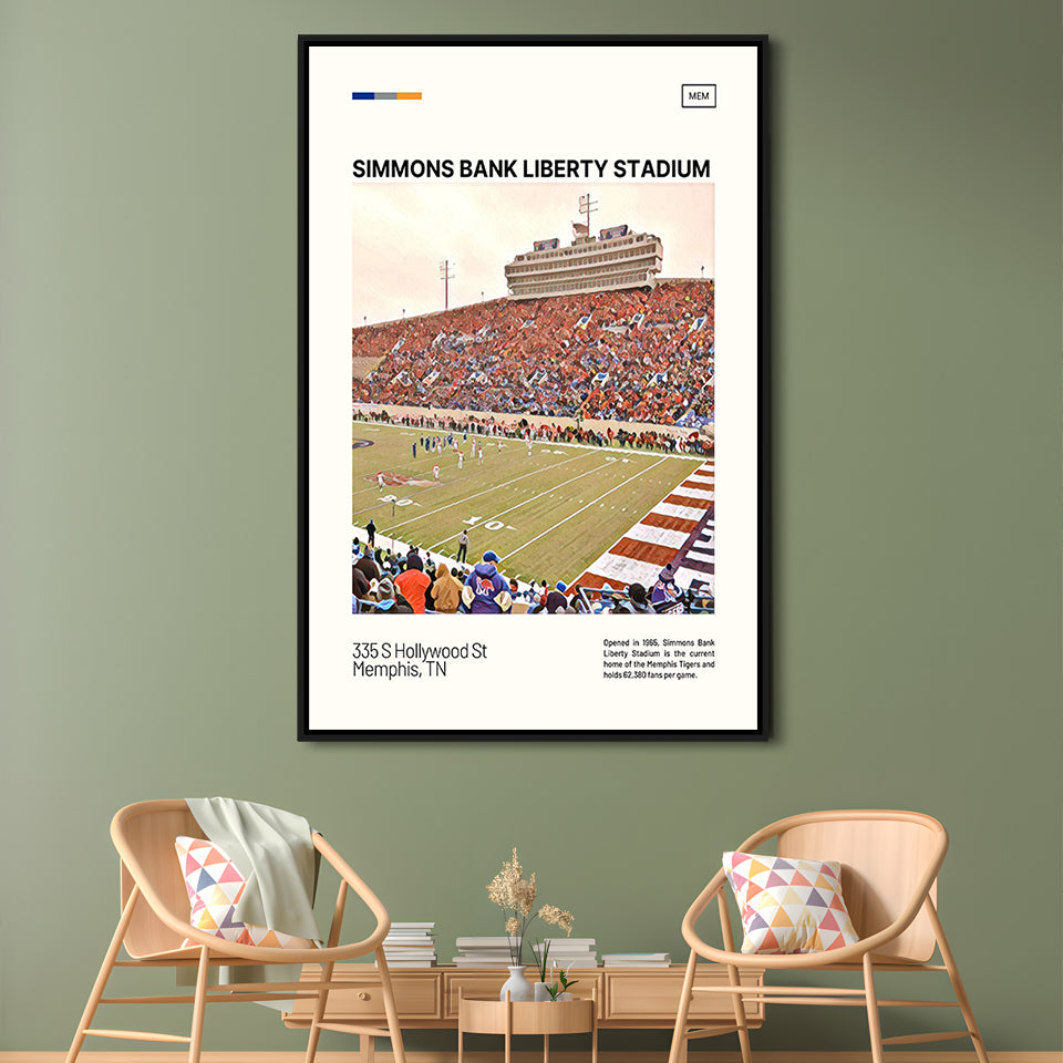 Simmons Bank Liberty Stadium Print, Memphis Tigers Stadium Canvas Art, Man Cave Gift, Floating Framed Canvas Print Wall Art