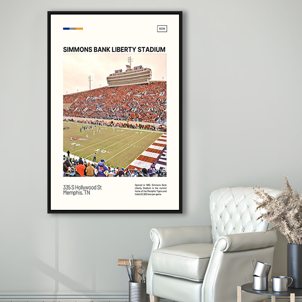 Simmons Bank Liberty Stadium Print, Memphis Tigers Stadium Canvas Art, Man Cave Gift, Floating Framed Canvas Print Wall Art