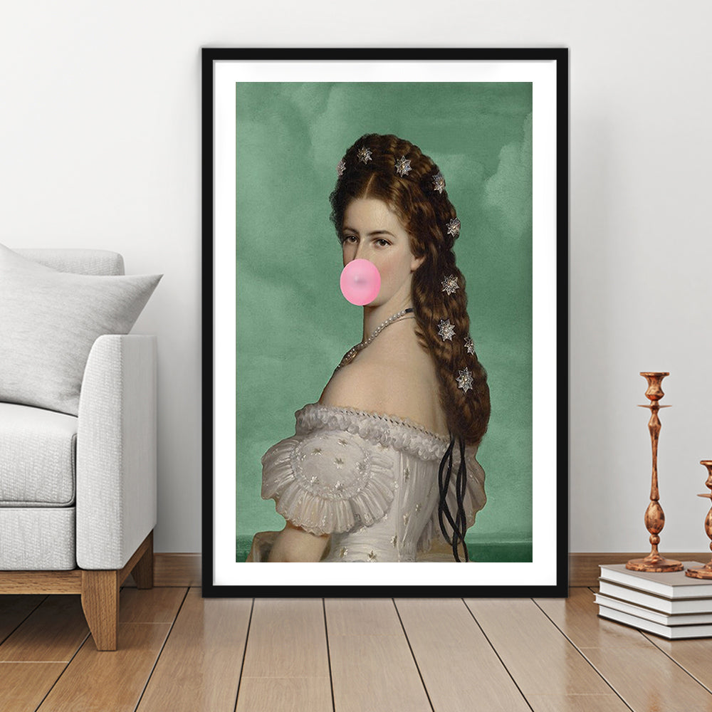 Sisi Wall Art Print, Empress Elisabeth Bubble Gum Portrait Print, Pink Wall Art, Framed Art Prints White Border Wall Decor