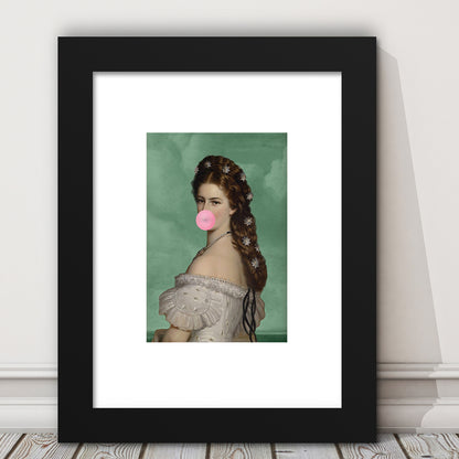 Sisi Wall Art Print, Empress Elisabeth Bubble Gum Portrait Print, Pink Wall Art, Framed Art Prints White Border Wall Decor