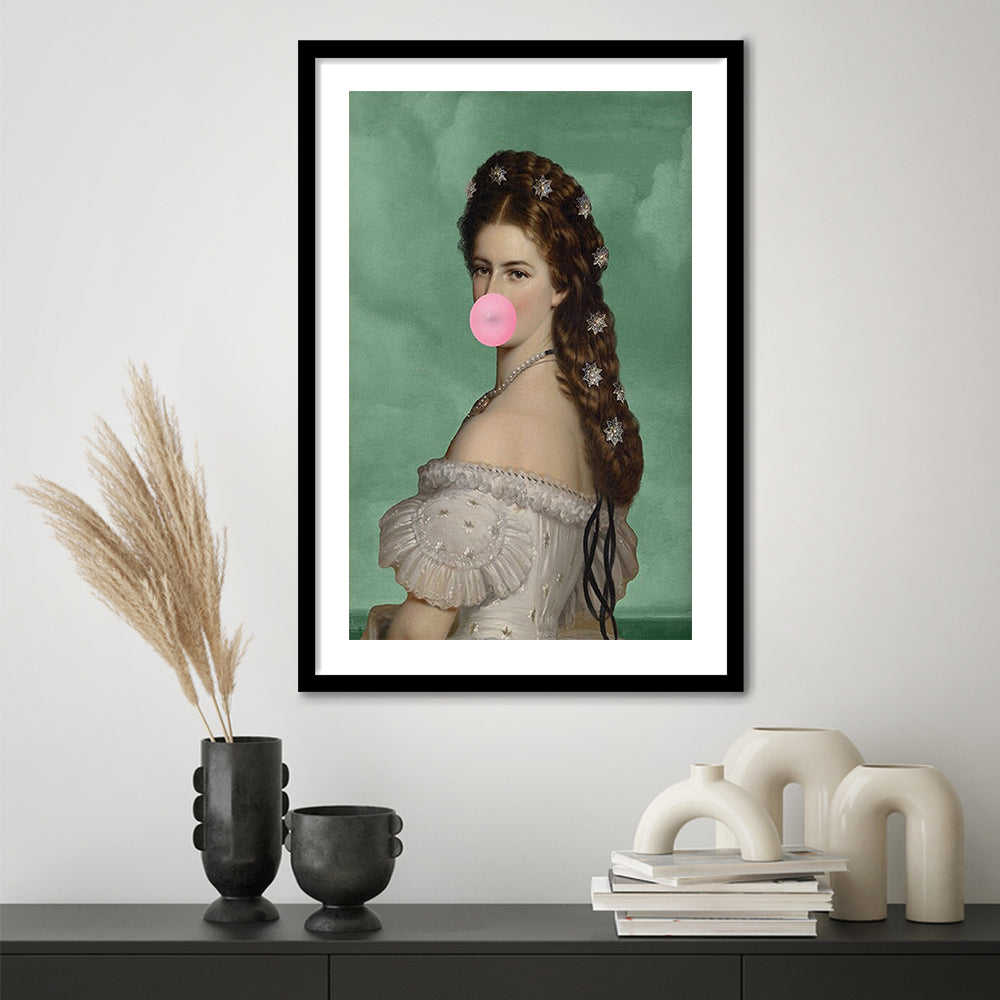 Sisi Wall Art Print, Empress Elisabeth Bubble Gum Portrait Print, Pink Wall Art, Framed Art Prints White Border Wall Decor