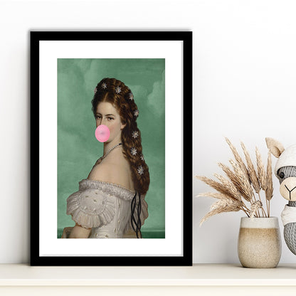 Sisi Wall Art Print, Empress Elisabeth Bubble Gum Portrait Print, Pink Wall Art, Framed Art Prints White Border Wall Decor
