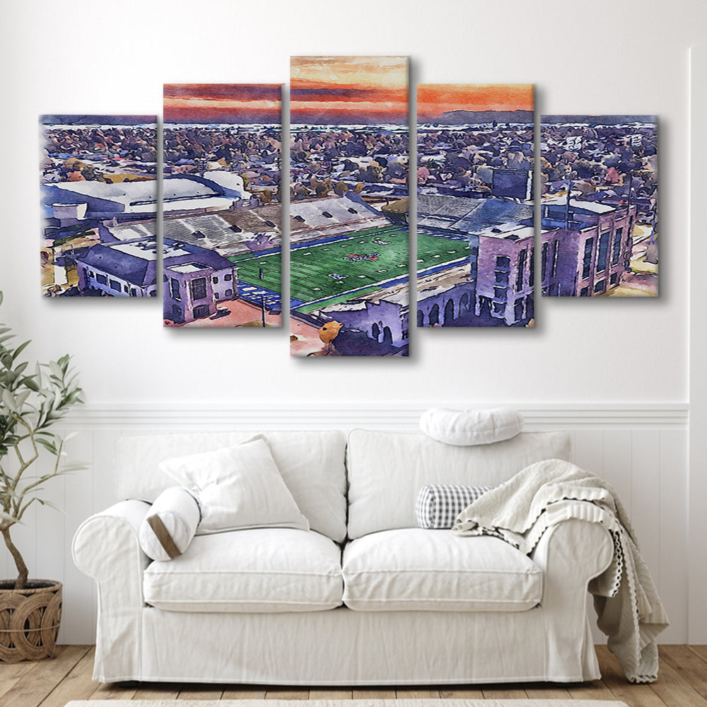 Skelly Field, H A Chapman Painting Stadium Watercolor, Tulsa Oklahoma, Sport Art, Mixed 5 Panel, Canvas Print Wall Art