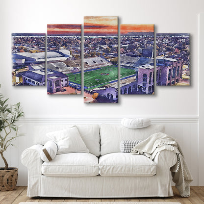 Skelly Field, H A Chapman Painting Stadium Watercolor, Tulsa Oklahoma, Sport Art, Mixed 5 Panel, Canvas Print Wall Art