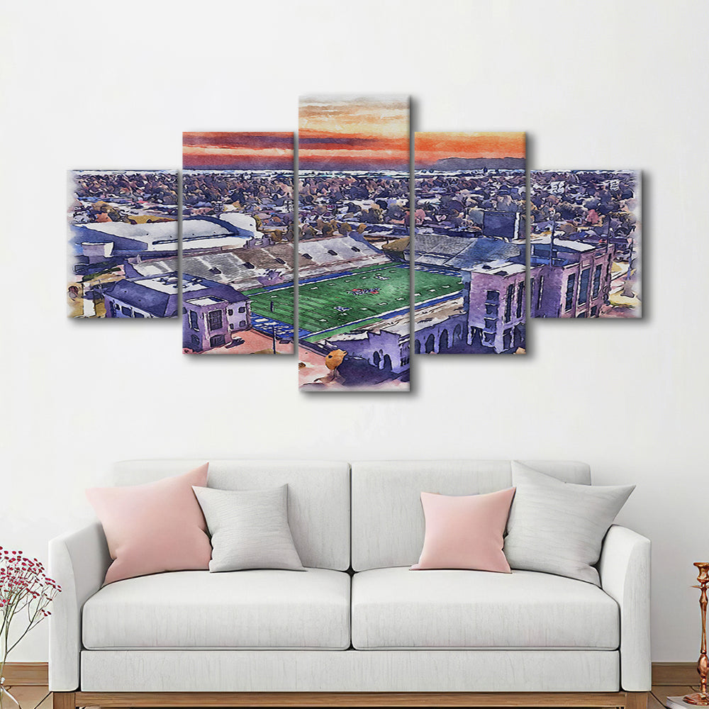 Skelly Field, H A Chapman Painting Stadium Watercolor, Tulsa Oklahoma, Sport Art, Mixed 5 Panel, Canvas Print Wall Art