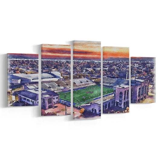 Skelly Field, H A Chapman Painting Stadium Watercolor, Tulsa Oklahoma, Sport Art, Mixed 5 Panel, Canvas Print Wall Art