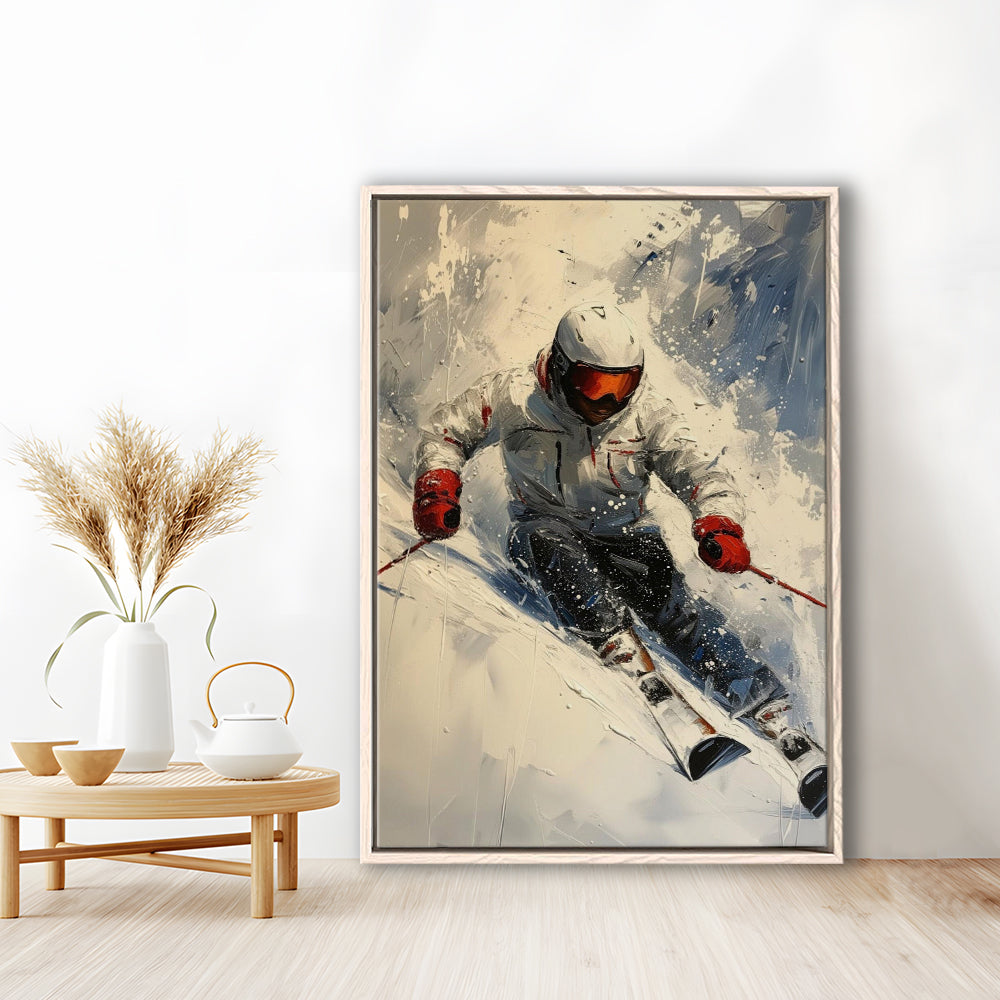 Skier On Slope, Skiing Abstract Colorful Painting, Adventure Sports, Framed Canvas Print Wall Art, Floating Frame