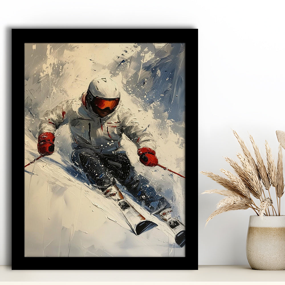Skier On Slope, Skiing Abstract Colorful Painting, Adventure Sports, Framed Art Print Wall Decor, Picture Framed