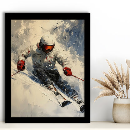 Skier On Slope, Skiing Abstract Colorful Painting, Adventure Sports, Framed Art Print Wall Decor, Picture Framed