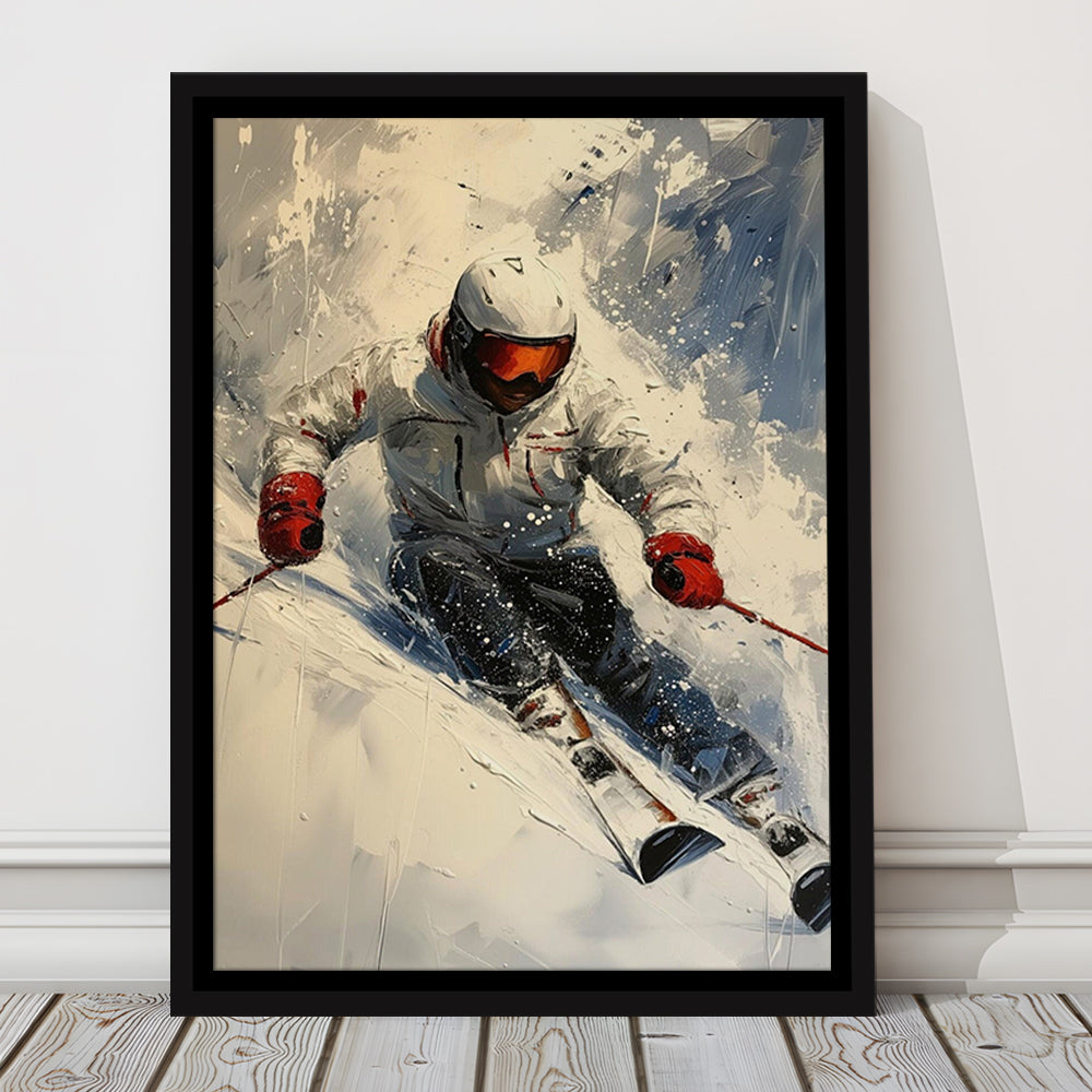 Skier On Slope, Skiing Abstract Colorful Painting, Adventure Sports, Framed Canvas Print Wall Art, Floating Frame
