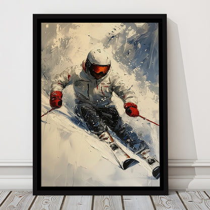 Skier On Slope, Skiing Abstract Colorful Painting, Adventure Sports, Framed Canvas Print Wall Art, Floating Frame