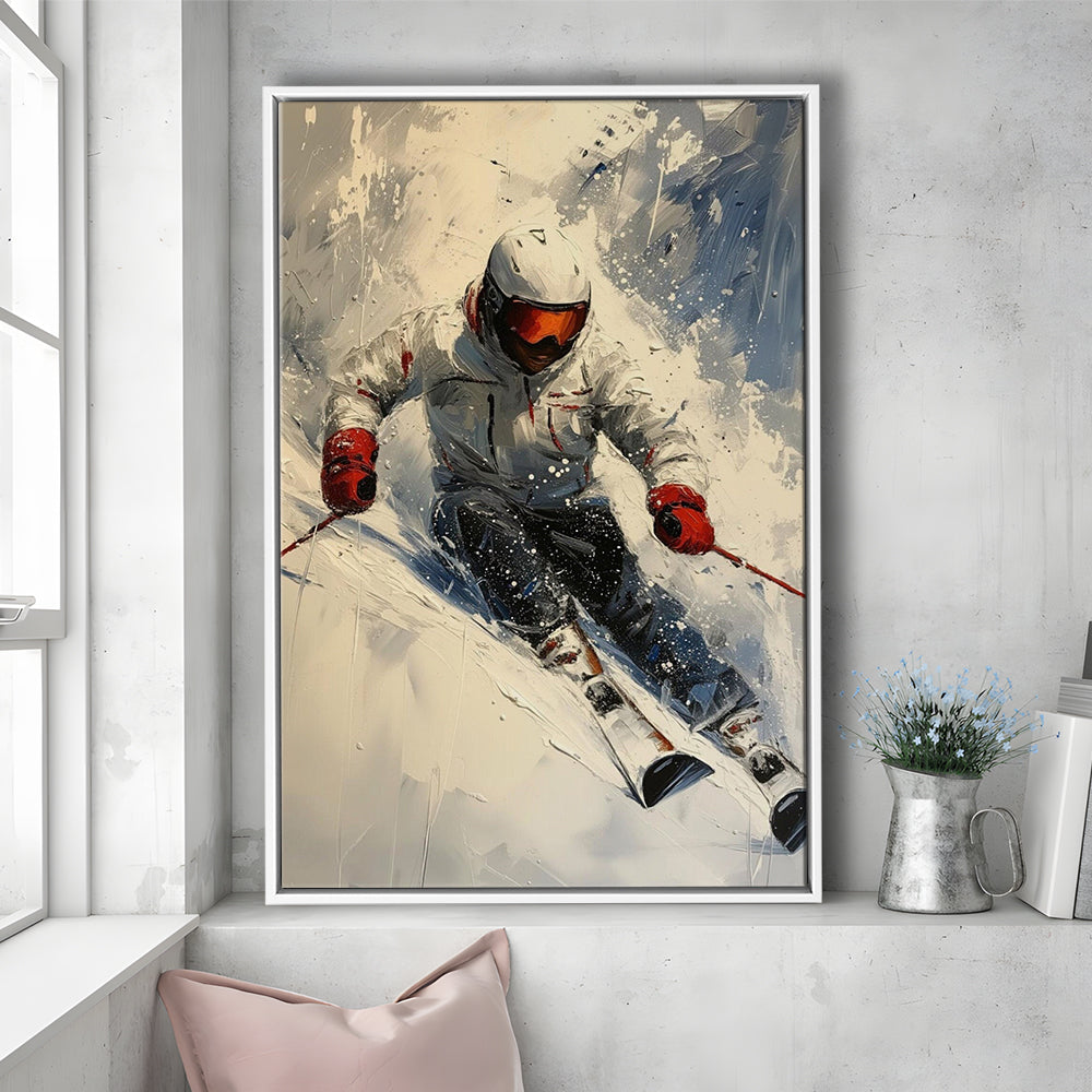 Skier On Slope, Skiing Abstract Colorful Painting, Adventure Sports, Framed Canvas Print Wall Art, Floating Frame