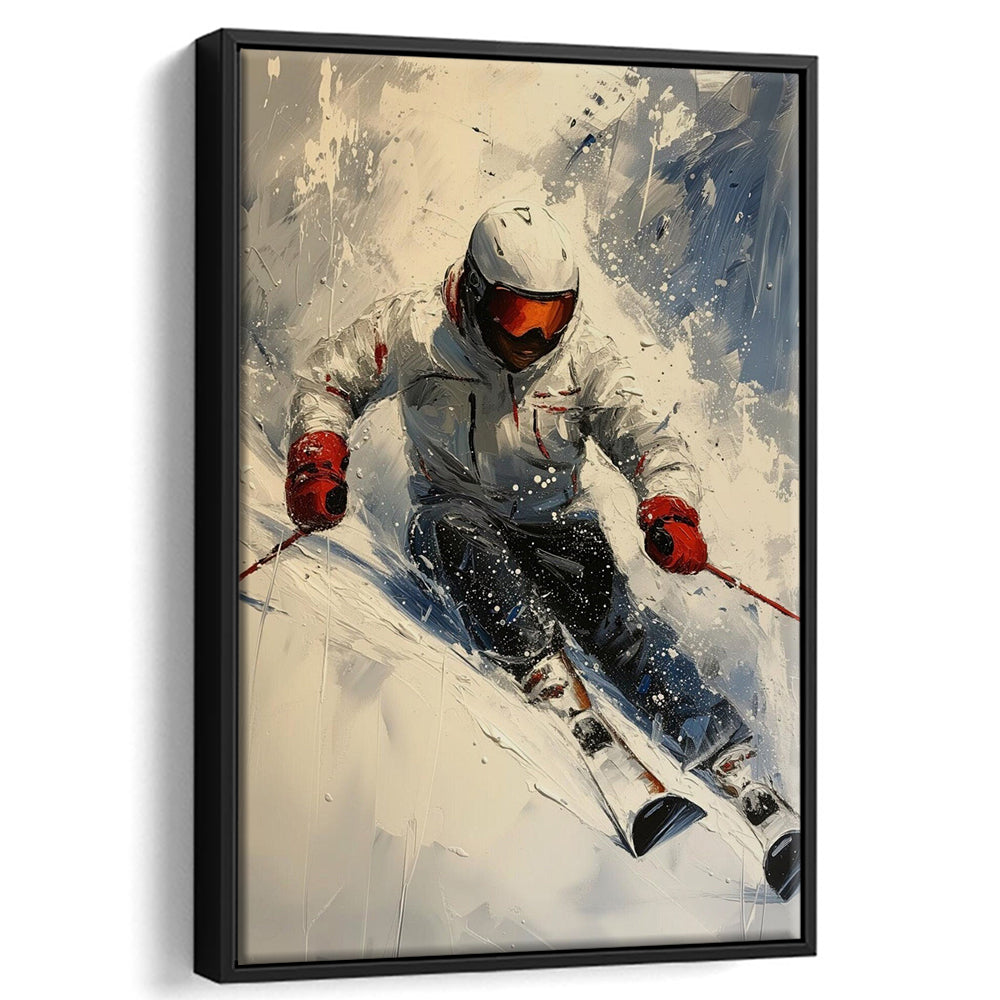 Skier On Slope, Skiing Abstract Colorful Painting, Adventure Sports, Framed Canvas Print Wall Art, Floating Frame