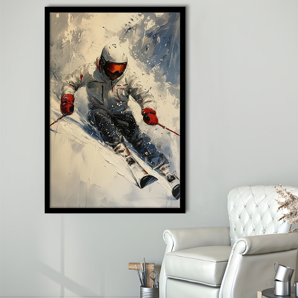 Skier On Slope, Skiing Abstract Colorful Painting, Adventure Sports, Framed Art Print Wall Decor, Picture Framed