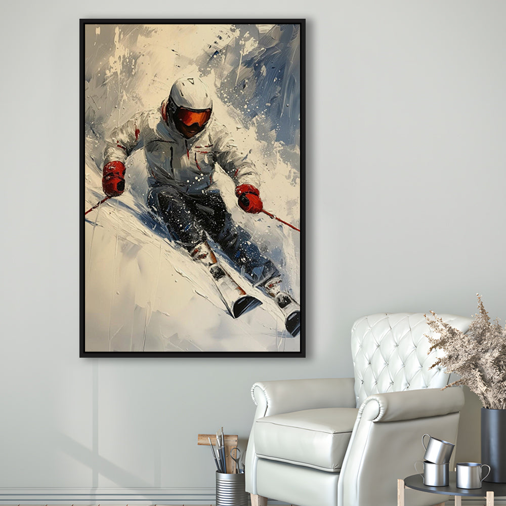 Skier On Slope, Skiing Abstract Colorful Painting, Adventure Sports, Framed Canvas Print Wall Art, Floating Frame