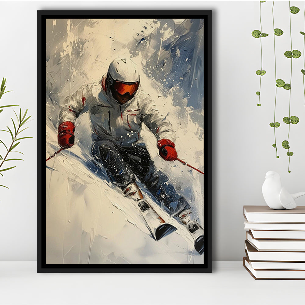 Skier On Slope, Skiing Abstract Colorful Painting, Adventure Sports, Framed Canvas Print Wall Art, Floating Frame