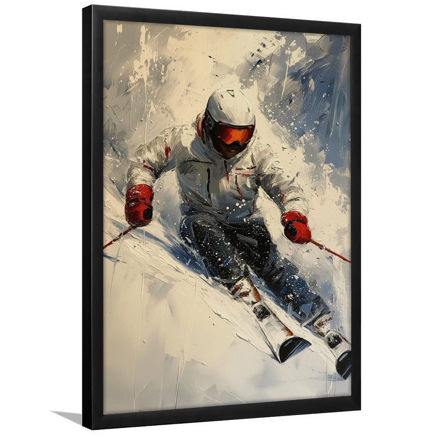 Skier On Slope, Skiing Abstract Colorful Painting, Adventure Sports, Framed Art Print Wall Decor, Picture Framed
