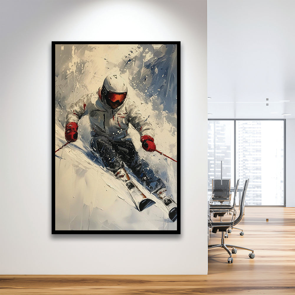 Skier On Slope, Skiing Abstract Colorful Painting, Adventure Sports, Framed Art Print Wall Decor, Picture Framed